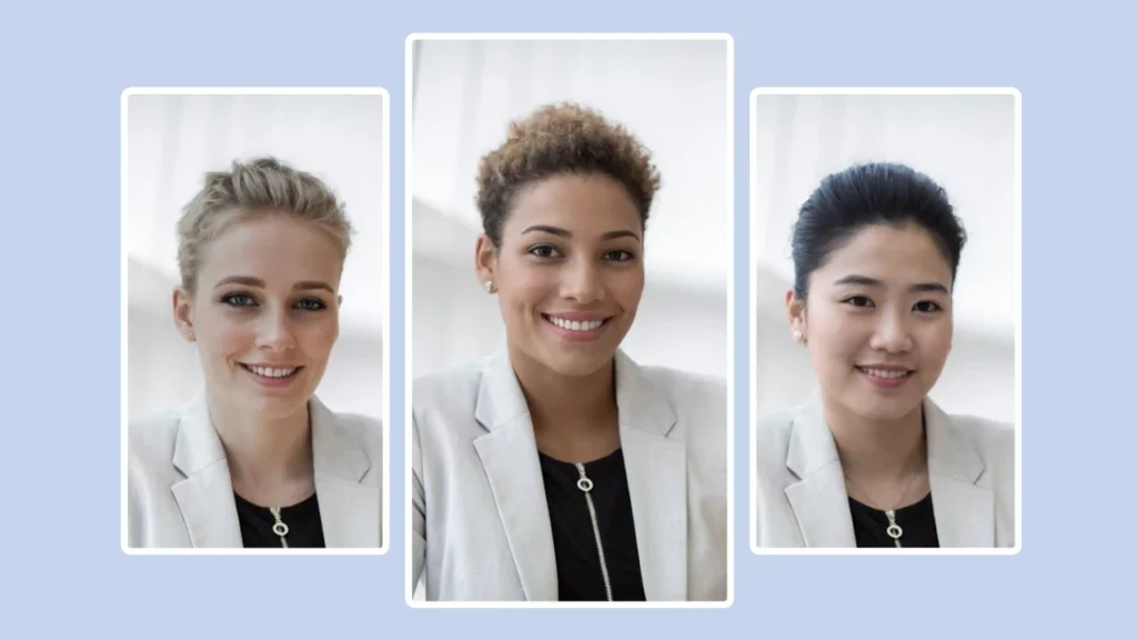 Three images of women in short hair smiling and wearing a grey suit and black inner