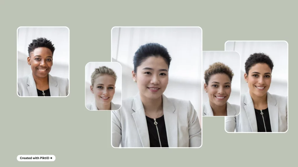 Five images with different girls in the same outfit created using PiktID's generate person feature