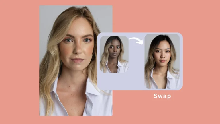 Image promotionnelle présentant les résultats de l'échange de visages par IA, générés avec la technologie PiktID. Image agrandie d'une femme blonde en chemise blanche et de visages échangés à droite.