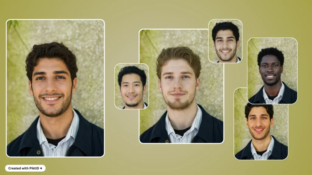 Collection of AI face swap portraits showcasing different male identities wearing the same blue overcoat against a solid green background, produced with PiktID’s face swap tool.