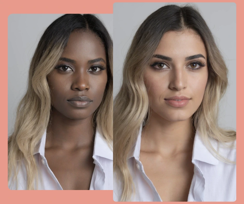 Side-by-side visual comparison showing the original female portraits and AI face swapped versions, with models wearing white outfits, generated using PiktID.