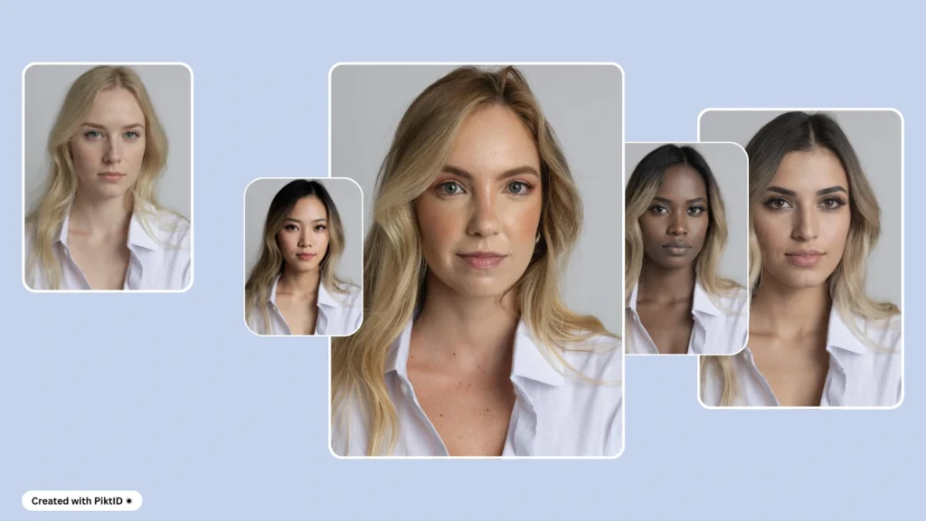 PiktID's Swap collage of five women in white shirts, with a central close-up of a blonde woman, surrounded by diverse faces, on a pastel blue background.