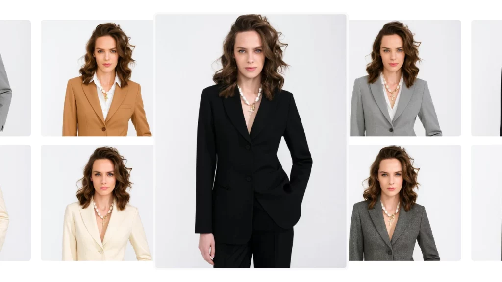 PiktID's AI-powered clothing visualization featuring five formal women’s suits – black, beige, camel, grey, and herringbone grey – created with PiktID. Showcase of business attire diversity for women.