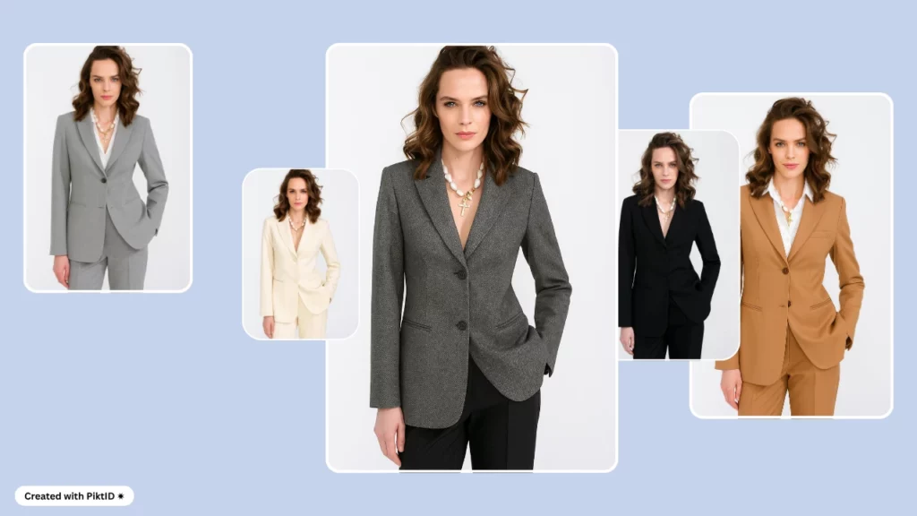 Elegante ropa ejecutiva femenina generada por IA: una modelo con un traje gris de espiga estructurado y otra con una blusa azul claro y pantalones formales negros. Vestimenta de oficina minimalista para profesionales.