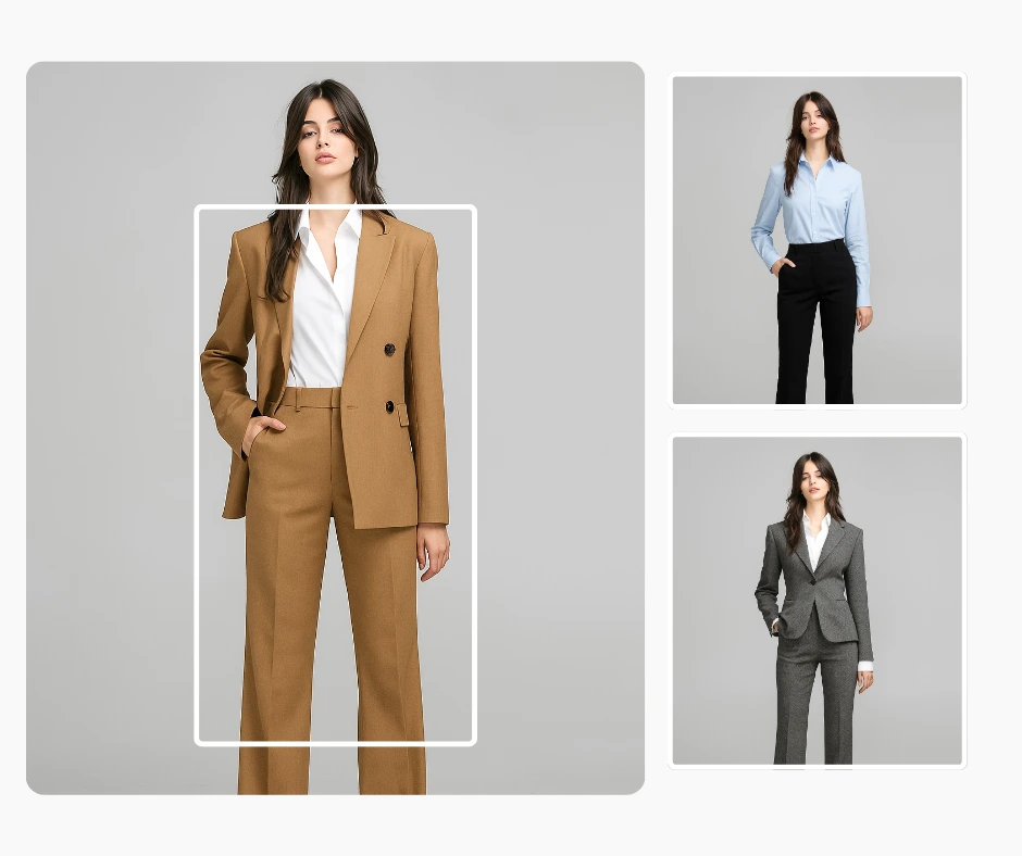 Primer plano en alta resolución de una mujer con un traje de negocios color camel, blazer estructurado y blusa blanca. Estilo de ropa formal creado con IA para profesionales modernos.