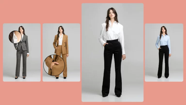 Présentation de mode par IA mettant en scène une femme en tailleur crème, avec des vignettes de tenues alternatives en noir, camel, gris et anthracite. Visuel présenté pour le changeur de vêtements professionnel par IA, réalisé par PiktID.