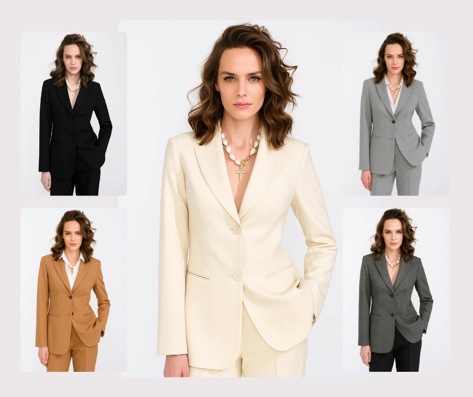 Exhibición de atuendos de oficina con una joven con un traje gris a medida y otra con una camisa azul claro y pantalones negros. Moda generada por IA para la mujer trabajadora moderna.