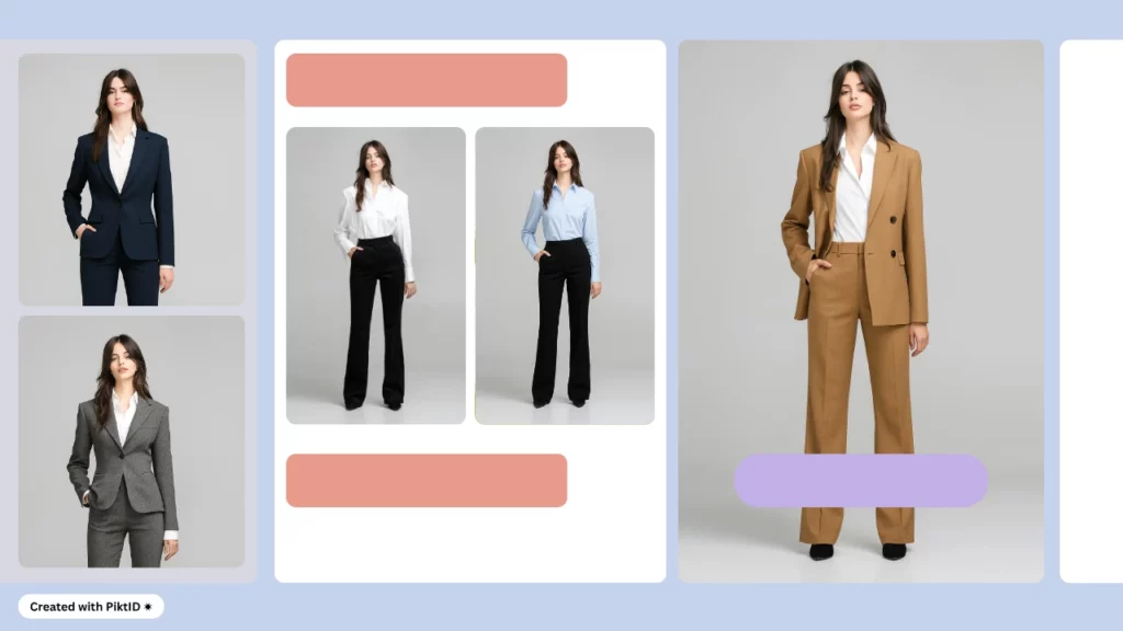 Cambiador de ropa con inteligencia artificial para variaciones de atuendos formales para una mujer joven creado con PiktID: muestra múltiples trajes de negocios elegantes en combinaciones de azul marino, gris, camel, blanco y negro, ideales para inspirarse en el estilo corporativo.
