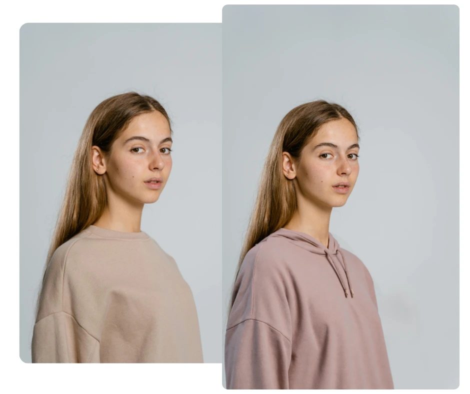 Comparación de una joven con ropa informal: sudadera beige vs. sudadera con capucha malva claro. Un ejemplo perfecto de un cambiador de ropa con IA que muestra variaciones de conjuntos de ropa de estar por casa cómodos y minimalistas.