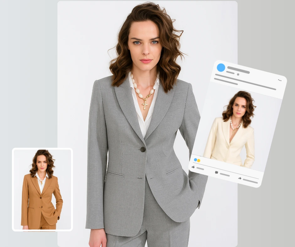 Cambiador de ropa con inteligencia artificial que muestra a una mujer a la moda con un traje de pantalón gris a medida, con inserciones más pequeñas que presentan el mismo modelo en trajes beige y marfil, diseñado como un diseño de redes sociales para contenido de moda.