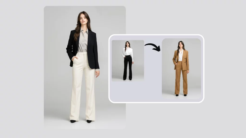 Cambiador de ropa de IA que presenta a una mujer joven con un traje formal moderno: un blazer negro combinado con pantalones color crema y una camisa gris, con flechas visuales que ilustran la evolución del estilo a un traje completo color camello.