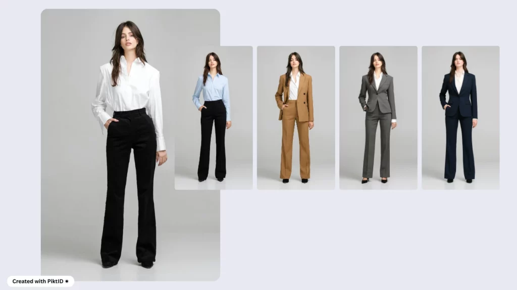 Transformación de moda a través de un cambiador de ropa con inteligencia artificial: una alineación de una mujer joven con cinco atuendos profesionales distintos, que incluyen una camisa blanca con pantalones negros, una combinación de camisa azul, un traje camel, un traje formal gris y un traje de negocios azul marino.