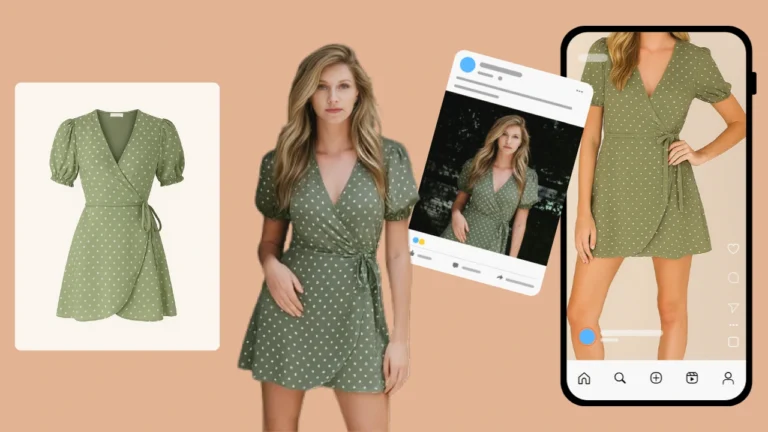 Image principale : un échange de vêtements par IA montrant une femme portant plusieurs tenues. Démonstration d'un outil d'essayage virtuel pour des aperçus de mode numériques.