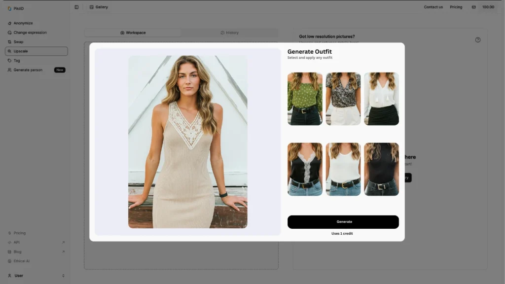 KI-generierte Outfit-Variationen für eine blonde Frau, die lässige und stilvolle Kleidungsoptionen für Anproben beim Online-Shopping präsentieren.