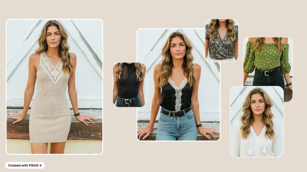 KI-generierte Freizeitoutfits für eine junge Frau mit PiktID. Kleidertauschtechnologie für realistische Online-Shopping-Erlebnisse.