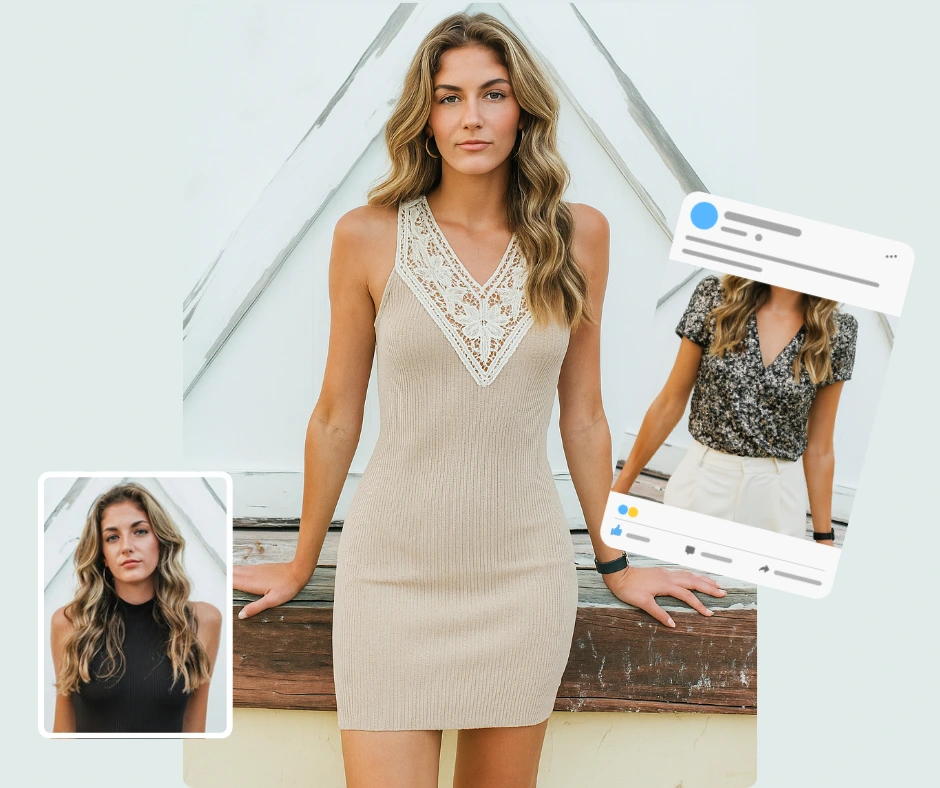 Mit einem blonden Mädchen, das mit einer für Social-Media-Modebeiträge entwickelten Vorgabe gestylt wurde. Diese KI-generierte Anprobe zeigt, wie Influencer und Marken mit virtuellen Outfits schnell ansprechende Bilder erstellen können.