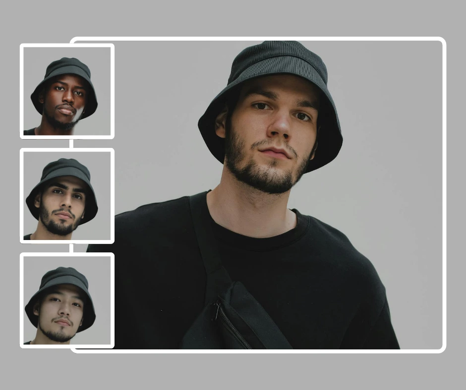 AI Face Swap API results showing three images of a man wearing a black hat, each with different face swap variations. The demonstration highlights how the tool can generate highly realistic outputs while maintaining consistent background and clothing details.