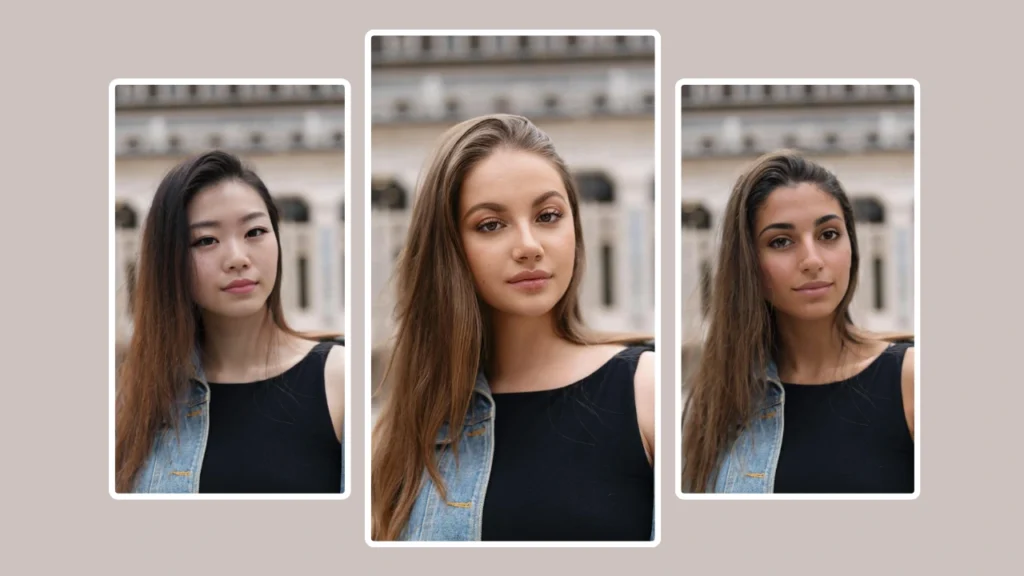 Closeup faces of three women wearing black tops. The image illustrates how the technology produces realistic and seamless swaps across multiple subjects while preserving original lighting and detail.