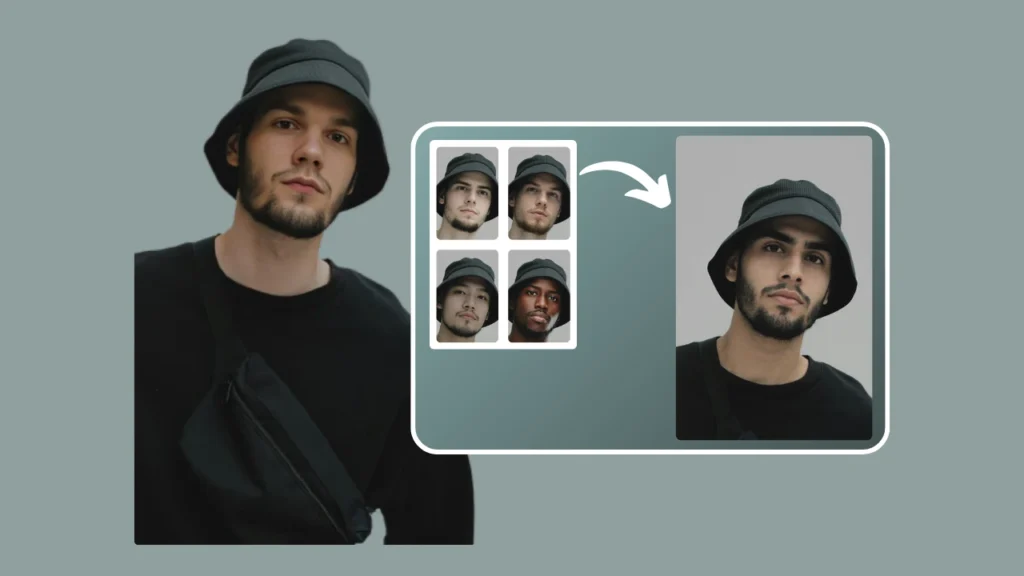 AI Face Swap API image grid showing multiple swapped versions of a young man dressed in black. The results demonstrate how the AI can generate different variations while keeping the subject’s outfit and style consistent.