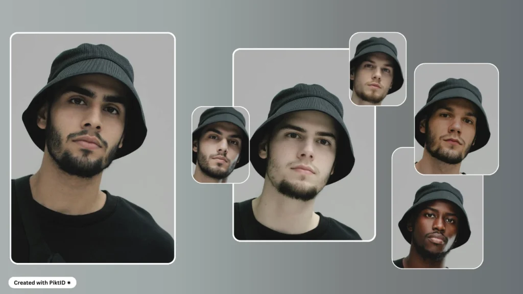 Multiple images of men wearing hats with various swapped faces. The comparison highlights the API’s ability to deliver seamless, natural transformations across different individuals.