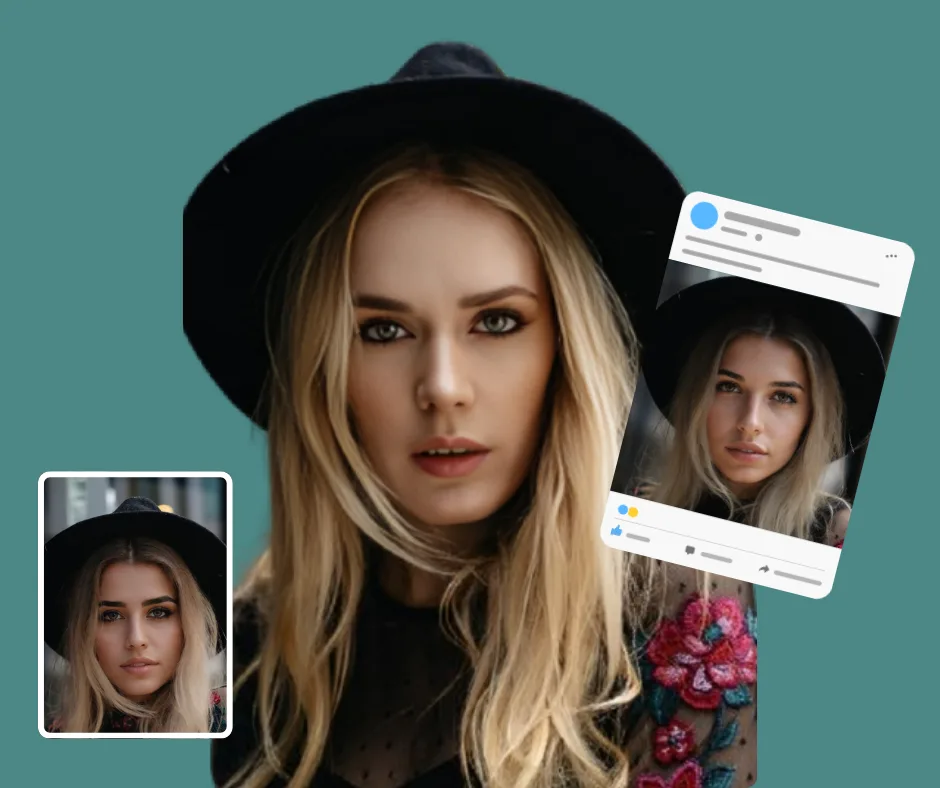 Three images of a blonde woman wearing a black hat, on the extreme left a social media preset with the blonde girl from a European ethnicity