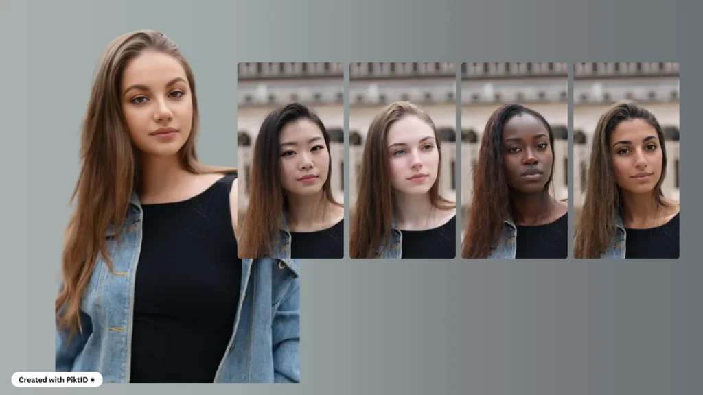 Featuring a young woman in a denim jacket with different swapped faces displayed alongside the original.