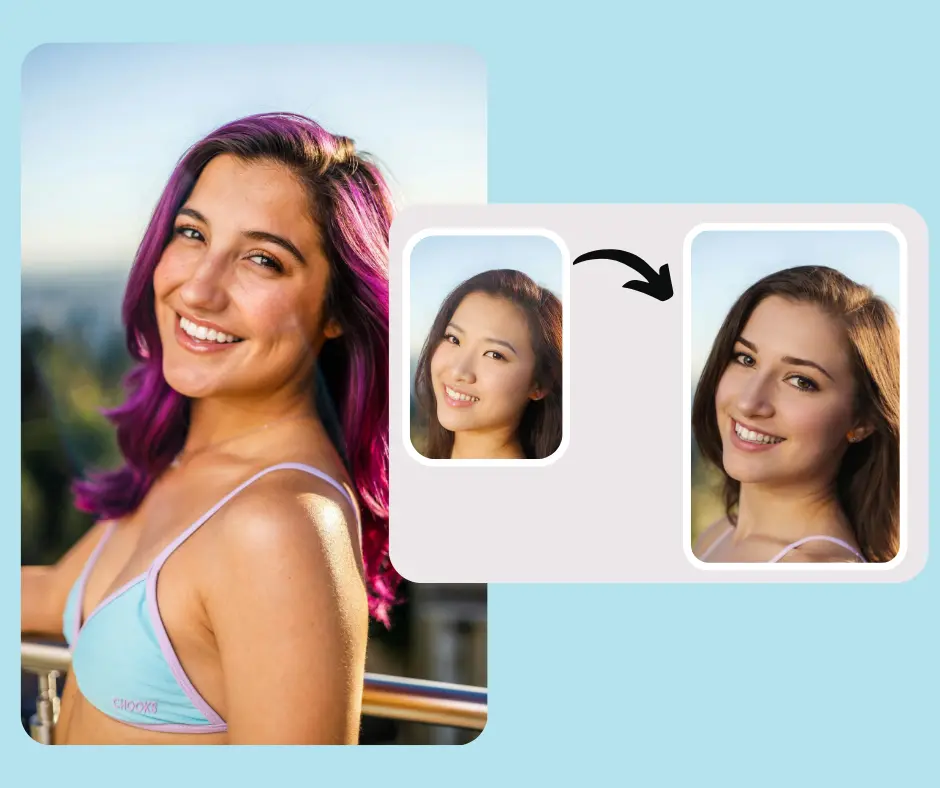 AI face-swap technology applied to a woman in a bikini, transforming her appearance into different identities. The tool highlights how artificial intelligence can generate realistic face changes for photos.