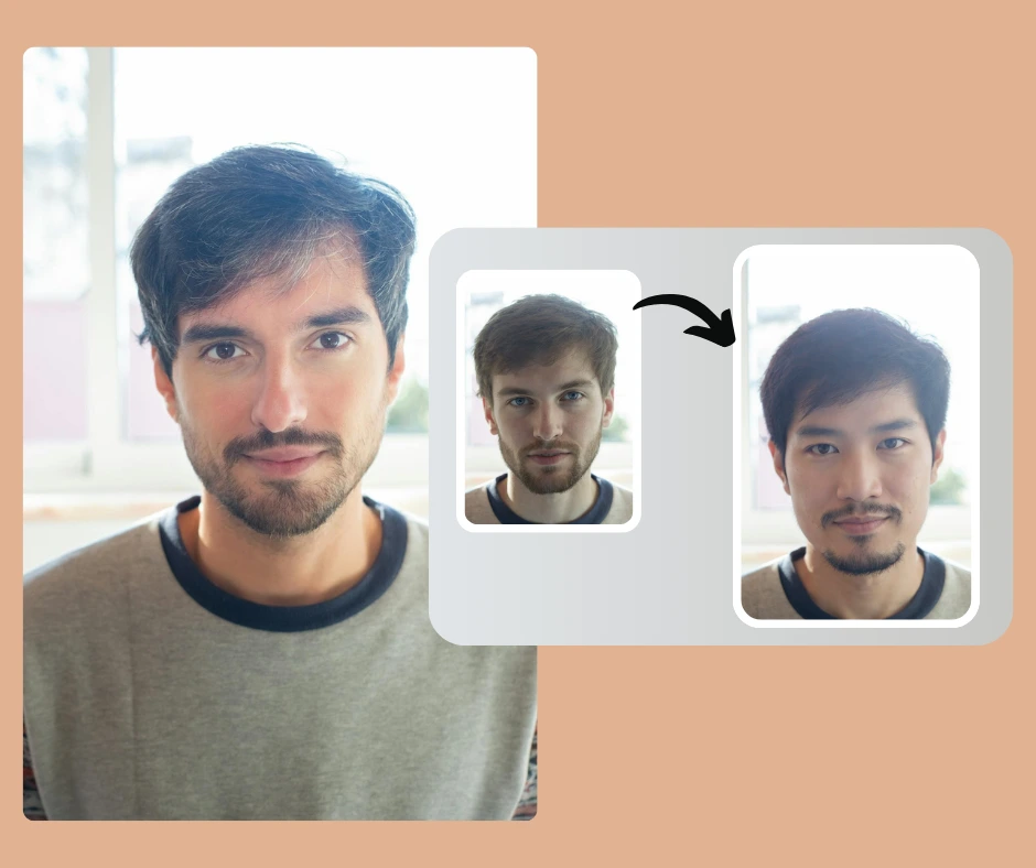 Plusieurs variations faciales générées par l'IA d'un modèle masculin vêtu d'une tenue grise, démontrant une mode décontractée masculine polyvalente et une génération de style alimentée par l'IA.