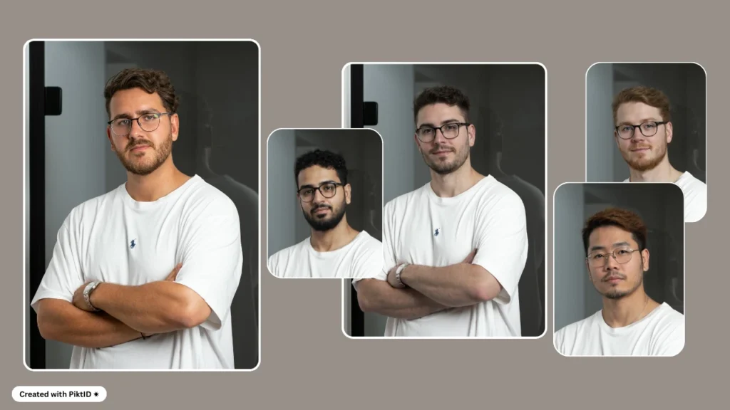 Collection d'images générées par l'IA mettant en vedette un mannequin masculin dans un t-shirt blanc classique, démontrant les basiques essentiels de la garde-robe masculine et un style de mode polyvalent.