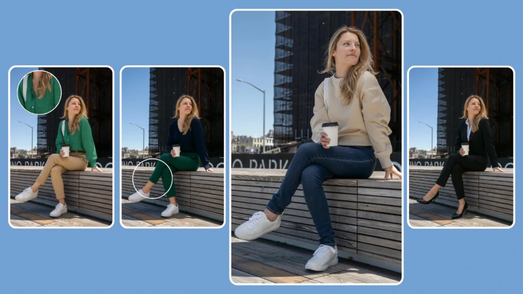 KI-Modemodell einer blonden Frau, die in verschiedenen Outfits an einem Stadtplatz sitzt. Die Variationen zeigen legere, halbformelle und entspannte Kleidungsoptionen für Frauen.