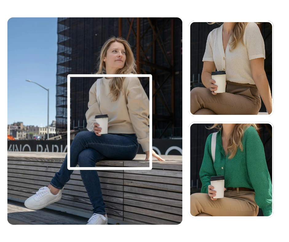 Blondes weibliches Model in legerer Kleidung mit einer Kaffeetasse in der Hand, dargestellt in verschiedenen Outfit-Optionen. Dieses Lookbook zeigt Smart-Casual- und Relaxed-Mode für Frauen.