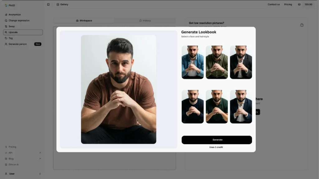 Die Schnittstelle der Modeplattform zeigt ein bärtiges männliches Model mit mehreren generierten Outfit-Optionen. Diese digitale Anprobefunktion unterstreicht die KI-gestützte Modeanpassung.