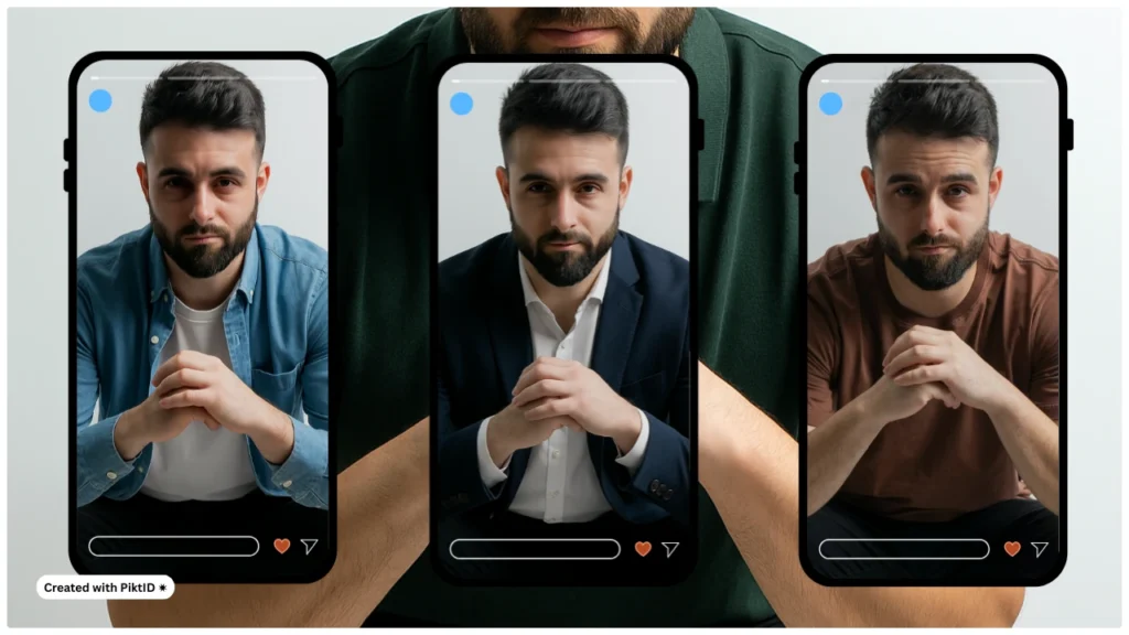 Bärtiges männliches Model in einem lässigen Poloshirt, kombiniert mit verschiedenen Outfits. Das Bild zeigt, wie KI realistische Herrenmode-Looks kreiert.