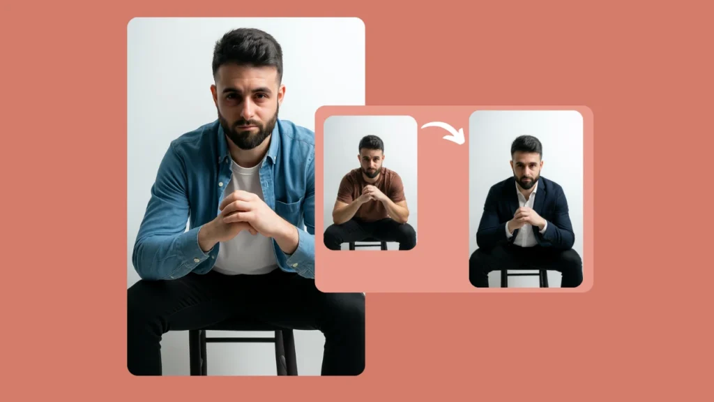 KI-Tool zum Outfitwechsel, das ein bärtiges männliches Model in verschiedenen Stilen zeigt, darunter Jeansjacke, braunes T-Shirt und Anzug. Dies zeigt, wie KI-Modetools im Handumdrehen mehrere Kleidungslooks für ein Model generieren können.