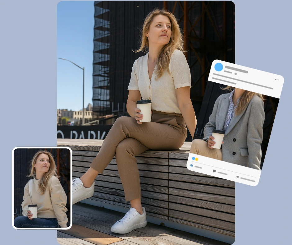 Blonde Frau in Freizeit- und Business-Outfits, optimiert für die Social-Media-Präsentation. Die Variationen betonen stilvolle, moderne Looks, darunter Pullover und Blazer, die für professionelles Lifestyle-Branding konzipiert sind.