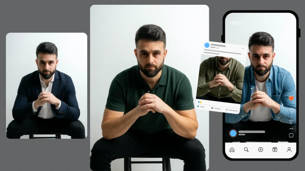 Männliches Model mit Bart in verschiedenen Outfit-Varianten, präsentiert im Social-Media-Mockup-Stil. Die Looks reichen von lässigen Polos und Jeans bis hin zu eleganten Blazern und betonen KI-gestützte virtuelle Anprobe und Modemarketing.