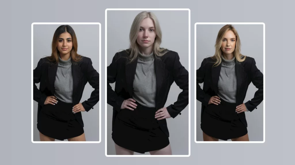 Intercambio de cuerpo generado por IA de tres mujeres jóvenes que visten cuellos de tortuga grises idénticos, blazers negros y faldas negras, lo que demuestra la coherencia de los atuendos en distintos rostros mediante herramientas de transformación corporal y de moda de IA.