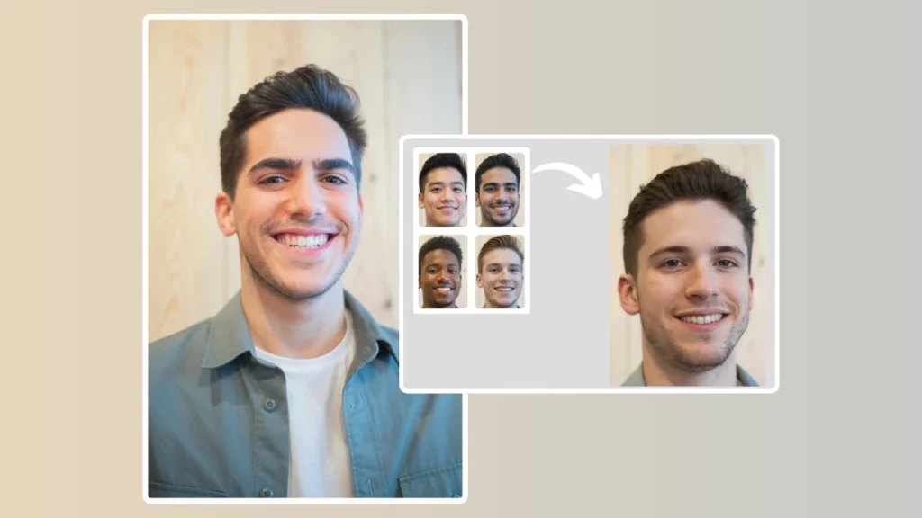 Demostración de intercambio de rostros con un joven sonriente transformado en cuatro identidades diferentes, todos vistiendo camisetas verdes, lo que ilustra las capacidades de la herramienta de intercambio de rostros de PiktID para generar retratos masculinos inclusivos.