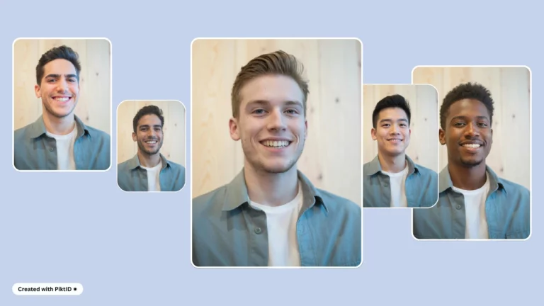 Disposition de groupe de visages masculins générés par l'IA à l'aide de PiktID, mettant en vedette des hommes souriants portant des chemises vertes décontractées - démontrant une transformation faciale avancée et une diversité dans les visuels de portrait générés par l'IA.