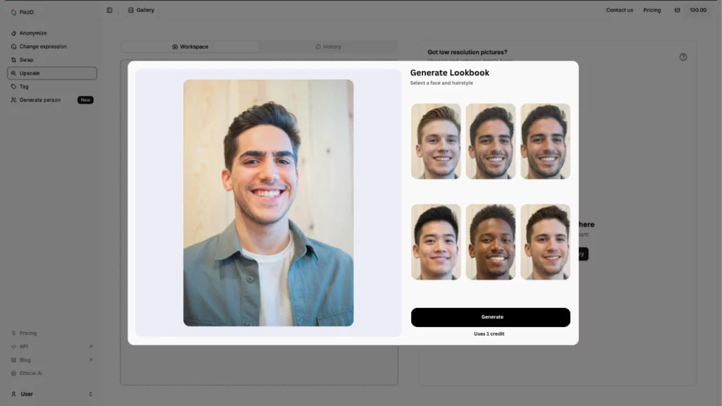 Screenshot of PiktID interface showing the 'Generate Lookbook' feature – user selects a face from multiple AI-generated options for lookbook creation using smart face-swapping and upscaling tools.