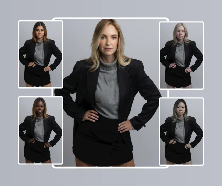 Grupo de mujeres diversas que muestran variaciones de rostros intercambiados de un atuendo profesional utilizando PiktID, demostrando cambios realistas en la identidad mientras mantienen la misma postura y vestimenta.