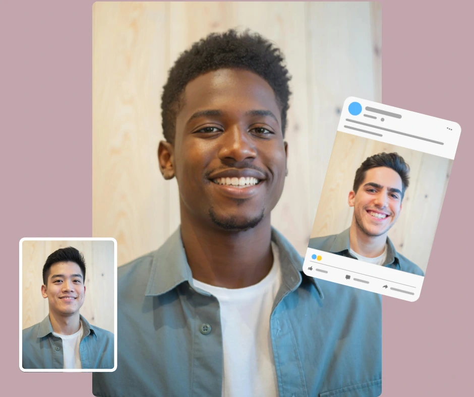Un joven negro sonriendo con una camisa azul con intercambios de caras de otros dos hombres generados por IA, diseñados para imágenes de redes sociales usando PiktID.