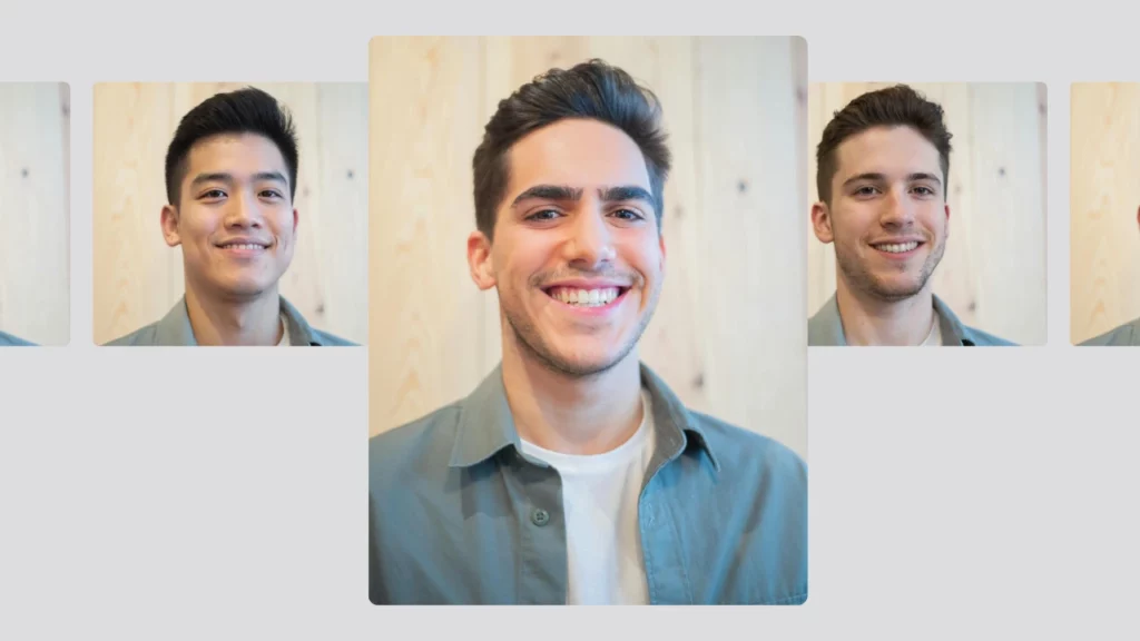 Hombre joven feliz con una camisa gris con múltiples versiones de caras intercambiadas usando inteligencia artificial de intercambio de cuerpo, lo que demuestra diversidad en la identidad facial para uso personal o profesional.