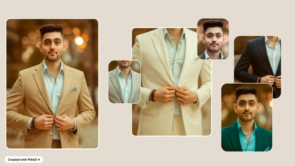 AI clothes swap collage showing a male model styled in multiple formal outfit variations using PiktID technology.