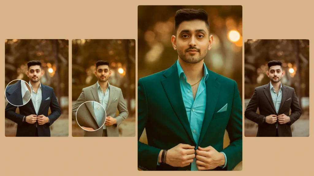 Enhanced AI-generated fashion image of a male model wearing a tailored suit, created with PiktID’s outfit changer