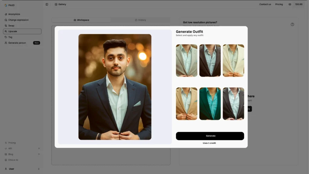 AI outfit generator showing a young man in a dark suit with different formal jacket variations. Virtual try-on tool lets users preview multiple outfit colors instantly.