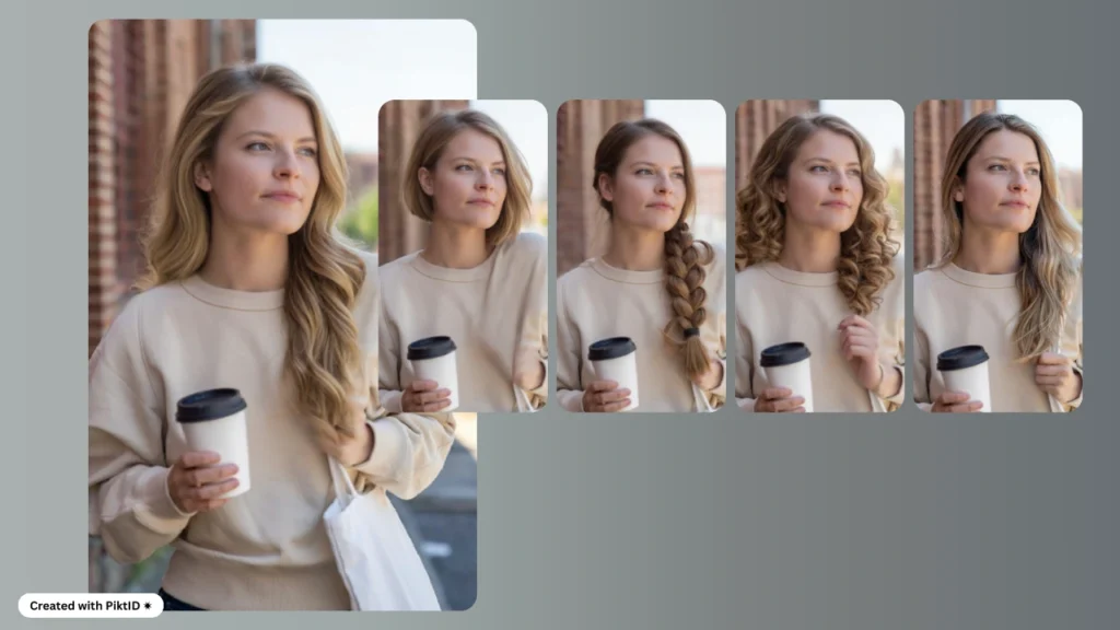 Eine junge blonde Frau hält eine Kaffeetasse in der Hand, während ihre Frisur zwischen Zopf, Locken und glattem Haar wechselt. Das Bild veranschaulicht die Fähigkeit von PiktID, Benutzern beim virtuellen Anprobieren von Frisuren zu helfen.