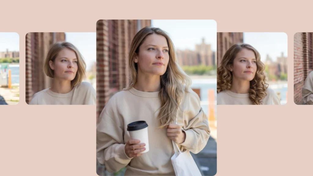 Eine blonde Frau in einem beigen Sweatshirt wird digital mit verschiedenen Haarstrukturen gestylt, darunter glatt, lockig und wellig. Die Voreinstellungen zeigen, wie Frauen neue Looks virtuell ausprobieren können, bevor sie echte Veränderungen vornehmen.