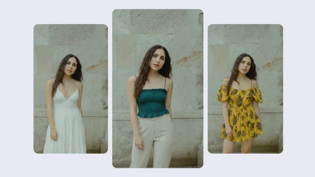 Modella di abbigliamento AI che mostra tre eleganti outfit da donna, tra cui un abito estivo bianco, un top corto verde con pantaloni beige e un miniabito giallo a fiori. Strumento di prova virtuale che mostra come diversi look appaiono sulla stessa modella.