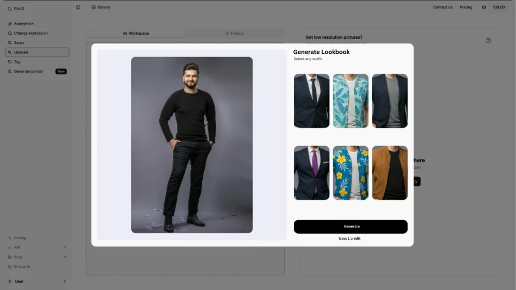 Interfaccia digitale per la creazione di un lookbook per un modello maschile, con opzioni che includono abiti formali, blazer casual e camicie da vacanza tropicale. Piattaforma di prova virtuale che consente agli utenti di visualizzare in anteprima diversi stili di moda.
